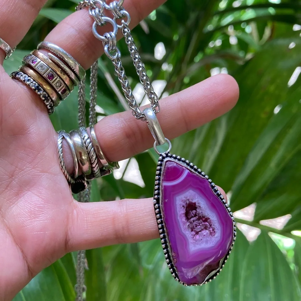 925 sterling silver overlay charm pink geode agate slice gemstone boho necklace - Picture 6 of 11